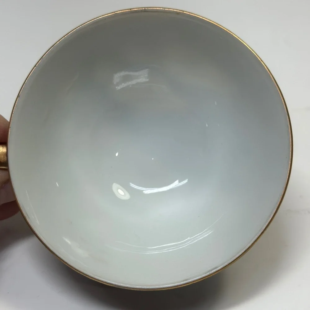 Footed Tea Cup and Saucer Black White Gold Leaf MCM Holywood Regency Art Deco